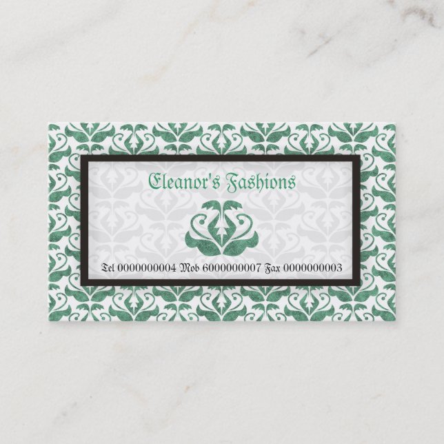 Elégant vert damassé cartes de visite de mode (Devant)