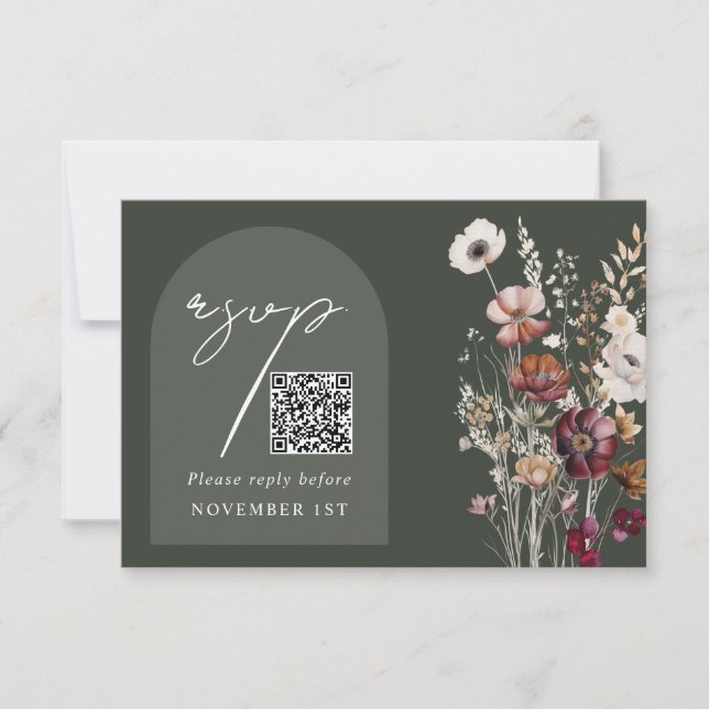 Elégant Vert Floral QR Code Arch Wedding RSVP (Devant)
