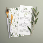 Élégant vert moderne script botanique menu mariage<br><div class="desc">Menu rustique moderne et naturel monochrome vert floral et botanique mariage. Avec de beaux textes de script et de sauge vert,  gris et blanc feuillage aquarelle détails. Cette collection de mariages modernes saura vous séduire par le style de votre grand jour.</div>
