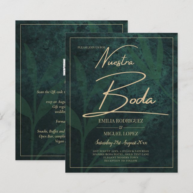 Elegant Vert Or Espagnol BODA QR Code RSVP (Devant / Derrière)