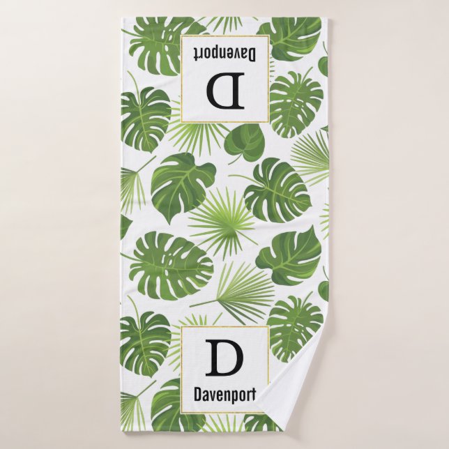 Élégant Vert Tropical Feuille Motif Monogrma (Serviette de bain)
