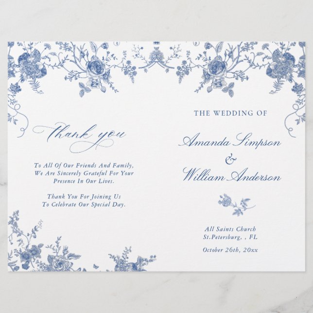 Élégant Victorian Blue Floral Wedding Programme (Devant)