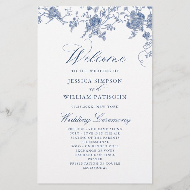 Élégant Victorian Blue Floral Wedding Programme (Devant)