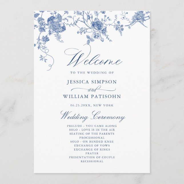 Élégant Victorian Blue Floral Wedding Programme (Devant)