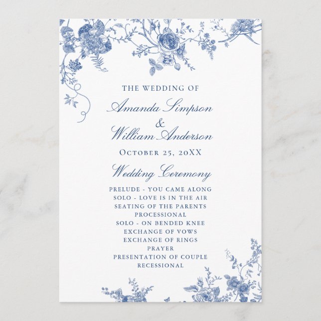 Élégant Victorian Blue Floral Wedding Programme (Devant)