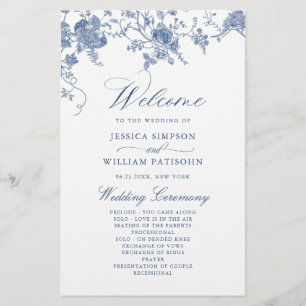 Élégant Victorian Blue Floral Wedding Programme