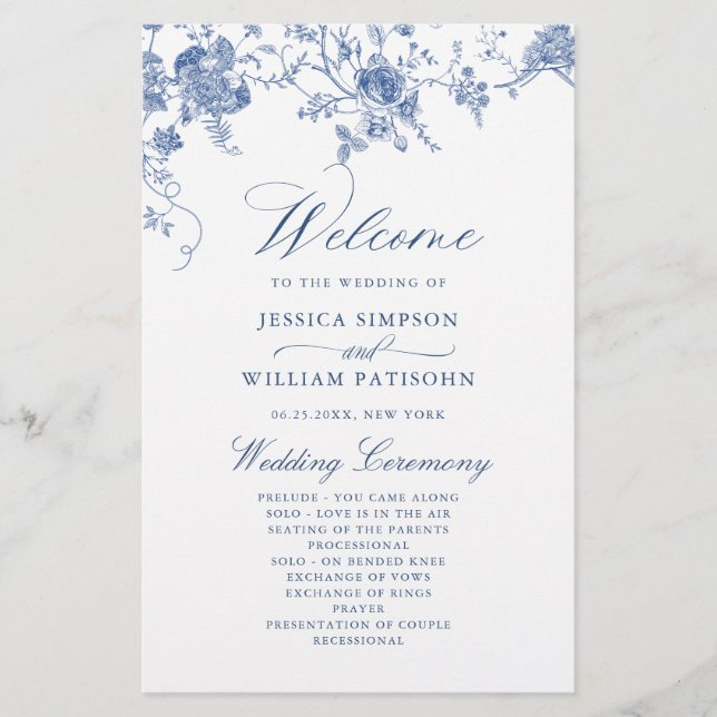 Élégant Victorian Blue Floral Wedding Programme (Devant)