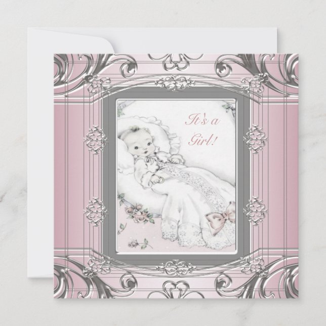 Elégant Vintage bébé fille douche Invitations (Devant)