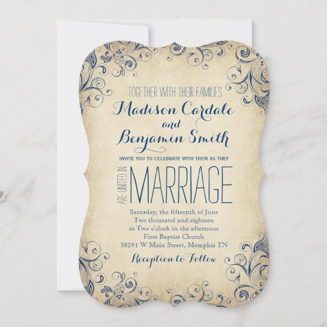Elégant Vintage Bleu Flourish Mariage Invitations (Devant)