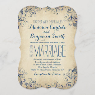 Elégant Vintage Bleu Flourish Mariage Invitations