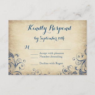 Elégant Vintage Blue Flourish Wedding Cartes RSVP