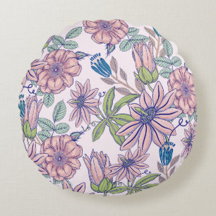 Elégant Vintage Blush & Blue Floral Coussin rond