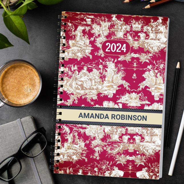 Élégant vintage lac rouge toile de jouy monogramme (Créateur téléchargé)