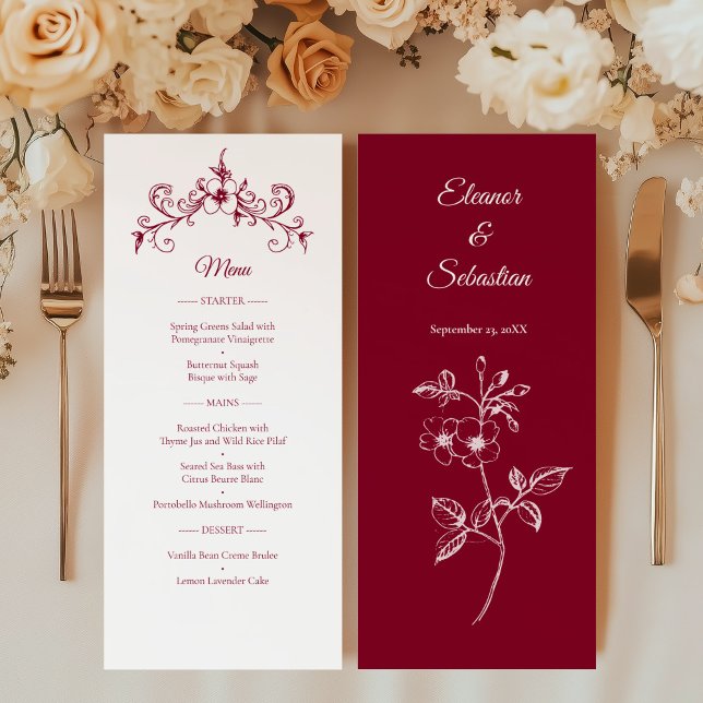 Elégant Vintage Romance Bourgogne Mariage Menu (Créateur téléchargé)