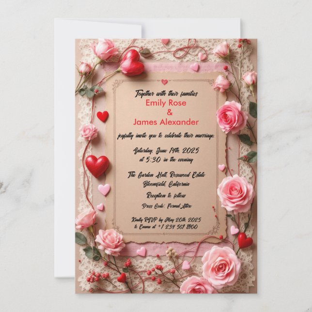 Elegant Vintage  Roses &Hearts wedding invitation (Devant)