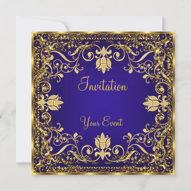 Elégant vintage Royal Blue Gold Invitation (Devant)