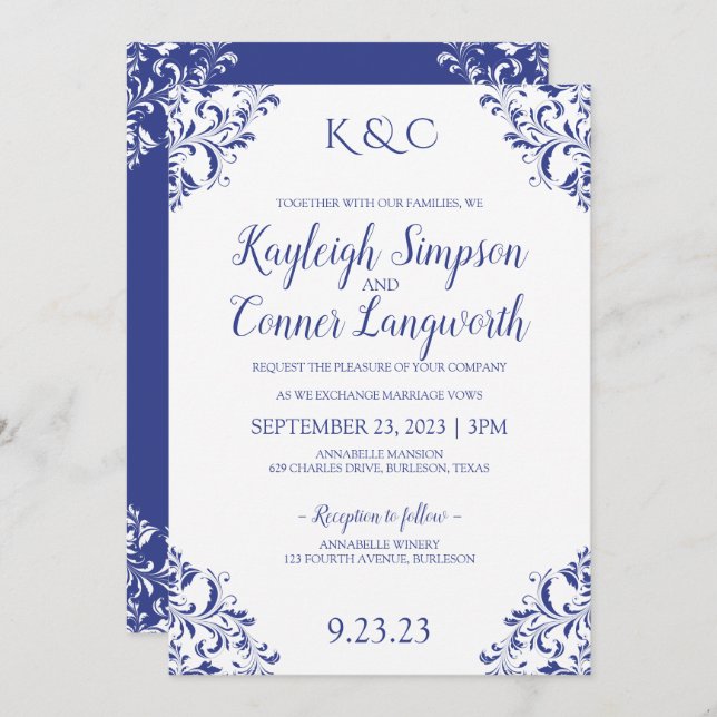 Elégant Vintage Royal Blue Wedding Invitations (Devant / Derrière)