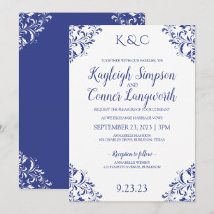 Elégant Vintage Royal Blue Wedding Invitations