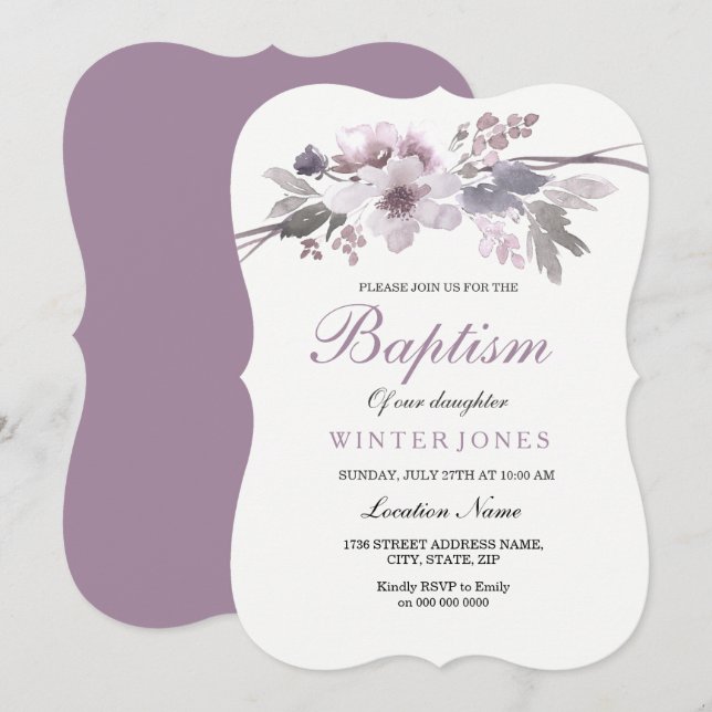Élégant Violet Floral Fille Ou Garçon Invitation B (Devant / Derrière)