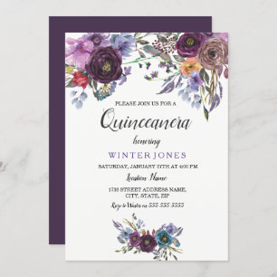 Élégant violet floral hiver Quinceanera Invitation