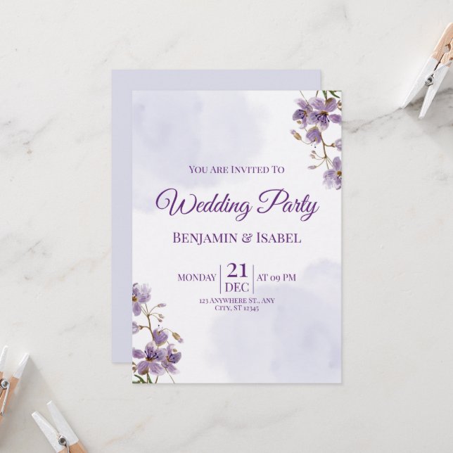 Élégant violet floral mariage invitation (Devant/Arrière en situation)