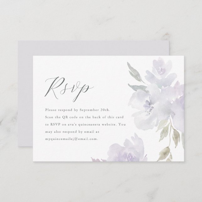 Elégant violet floral Quinceanera QR Code RSVP (Devant / Derrière)