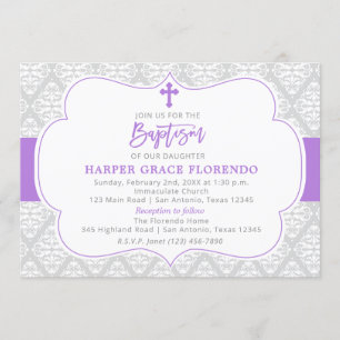 Élégant Violet Girl Baptism Invitation