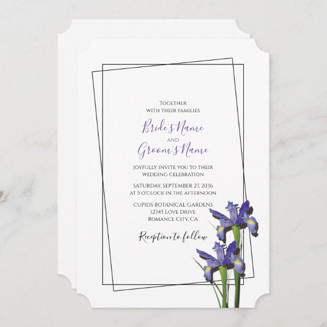 Élégant violet Iris Invitations de mariage Iris (Devant / Derrière)