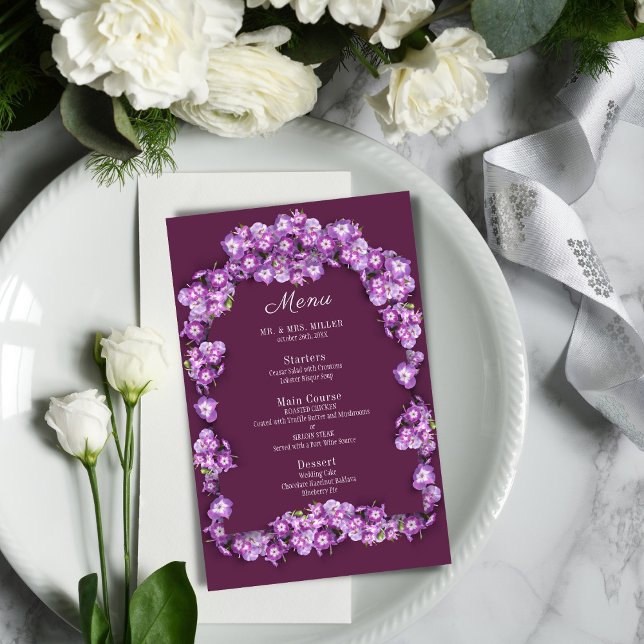 Elégant violet Lilac Finn Arch Floral Mariage Menu (Créateur téléchargé)