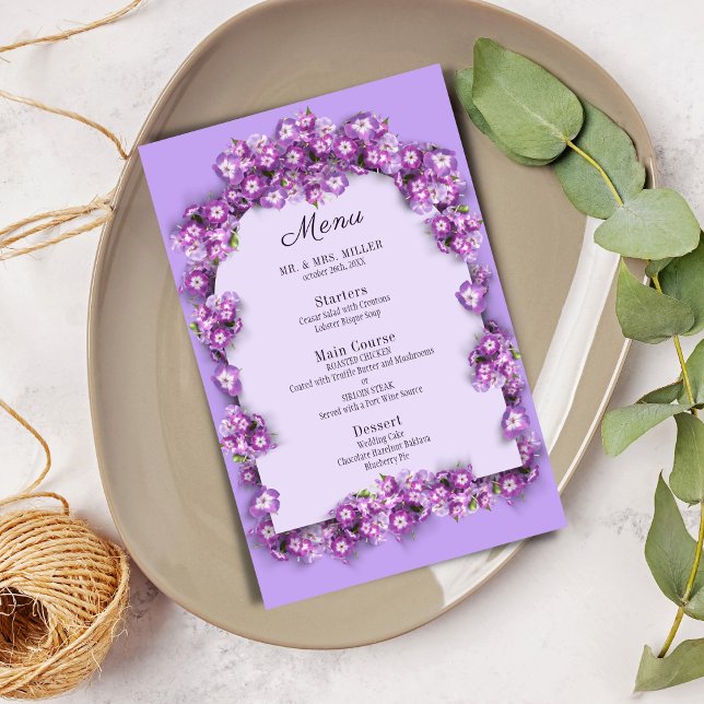 Elégant violet Lilac Lune Arch Floral Mariage Menu (Créateur téléchargé)