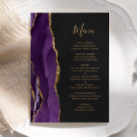 Élégant violet or Agate Mariage foncé Menu<br><div class="desc">Le bord gauche de cet élégant menu mariage moderne comporte une bordure d'aquarelle violette ornée d'une parties scintillant en faux or. Le texte personnalisable combine un script d'écriture manuscrite de couleur or et des polices de cuivre sur un arrière - plan noir d'ardoise. L'envers est assorti d'une agate violette et...</div>