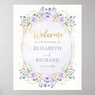 Élégant violet or Floral Mariage Welcome Poster