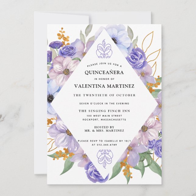 Elégant violet or Floral Quinceanera Invitation (Devant)