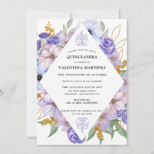 Elégant violet or Floral Quinceanera Invitation