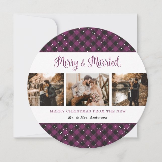 Élégant Violet Plaid Newlyweds Cartes de Noël (Devant)