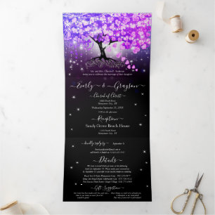 Élégant Violet rose Mariage feuille coeur Tri-Fold