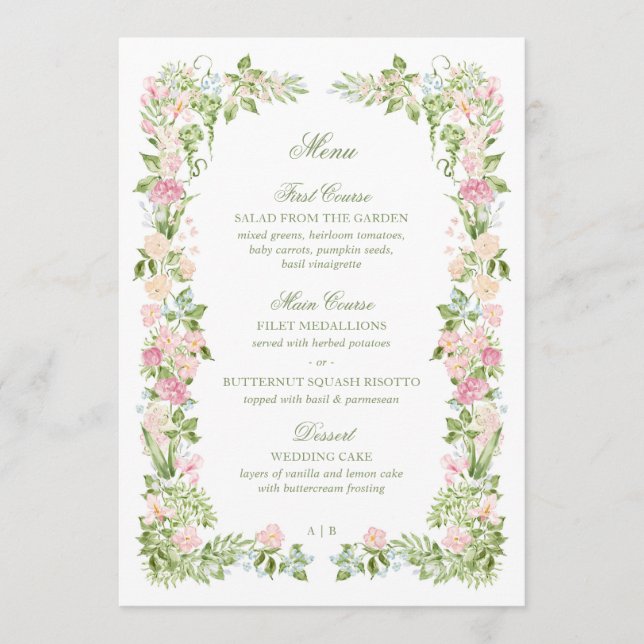 Elegant Watercolor Floral Wedding Reception Menu (Devant)