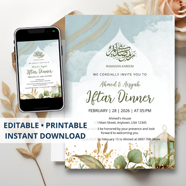 Elegant Watercolor Iftar Invitation Gold Leaves (Créateur téléchargé)