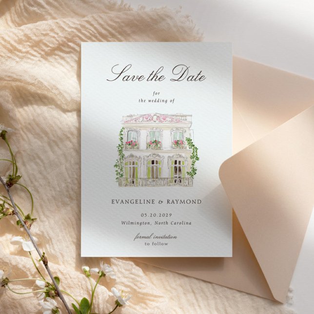 Elegant Watercolor Manor Photo Save The Date Card (Créateur téléchargé)