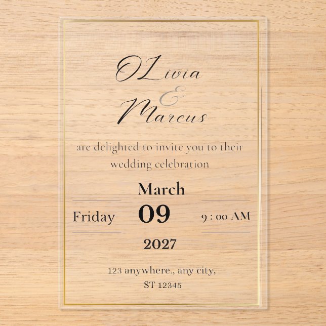 Elegant Wedding Invitation with Gold Frame  (Recto)