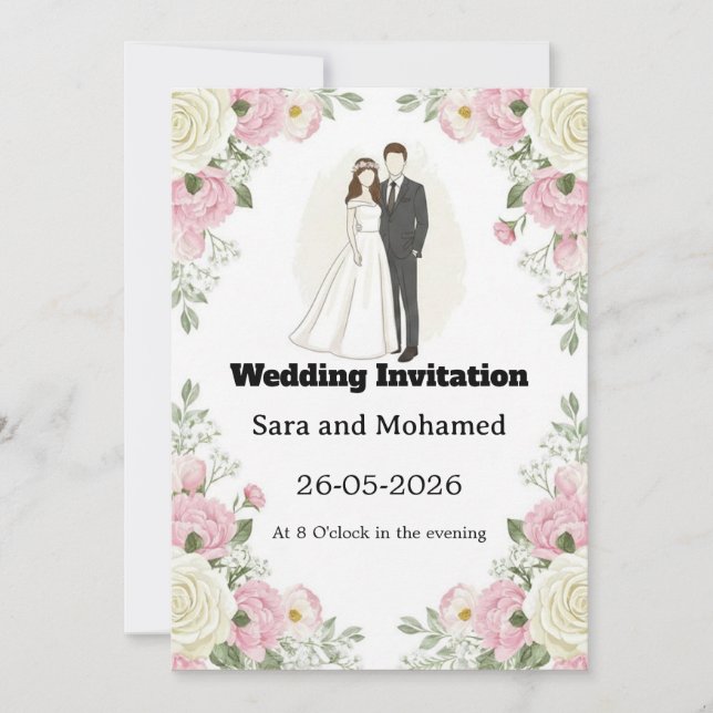  Elegant Wedding Invitation with White Roses & Car (Devant)