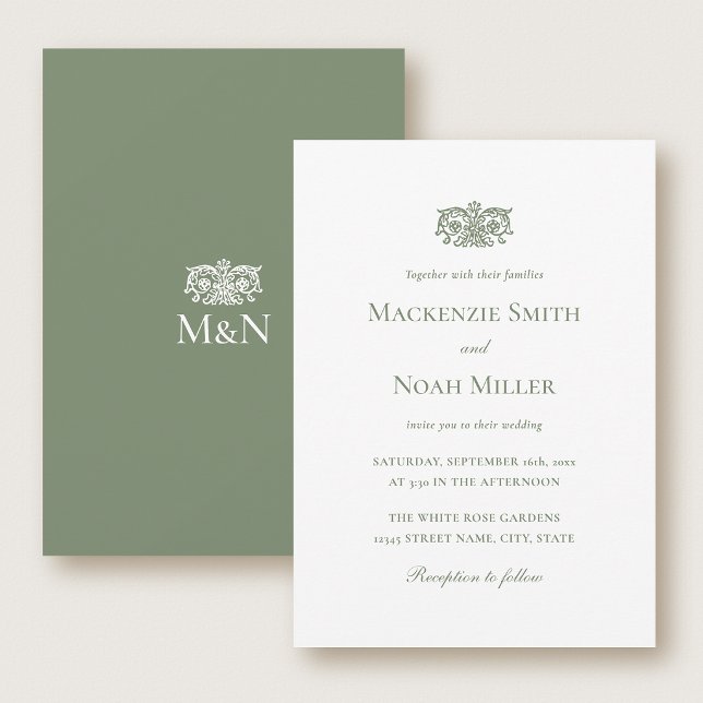 Elegant Wedding Monogram Invitation Ornate Green (Créateur téléchargé)