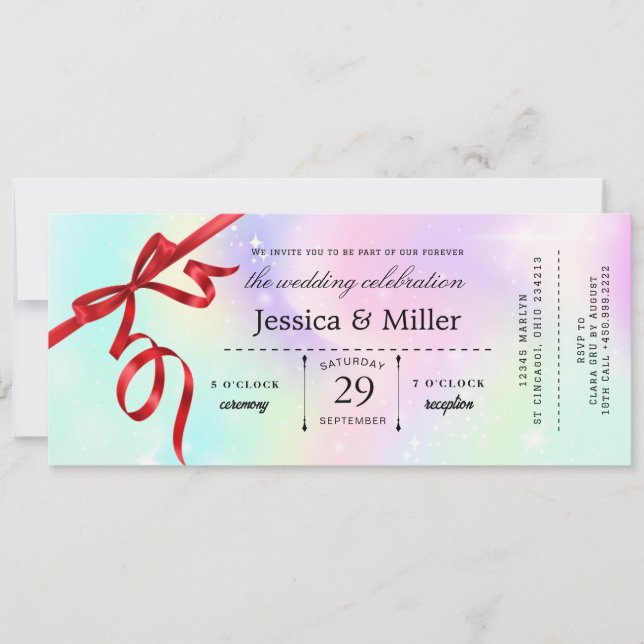 Elegant Wedding Ticket Invitation with Red Ribbon (Devant)