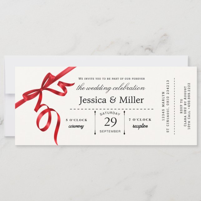 Elegant Wedding Ticket Invitation with Red Ribbon (Devant)