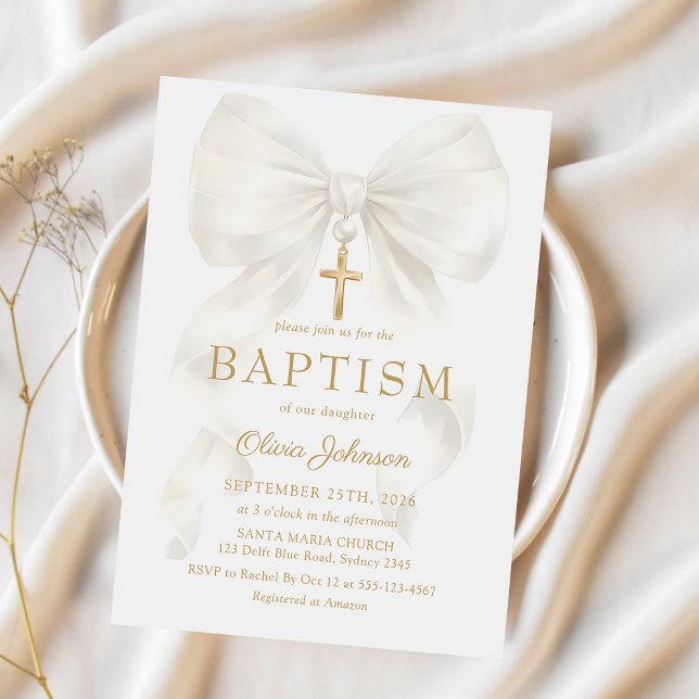 Elegant White Bow Baptism Girl Invitation (Créateur téléchargé)