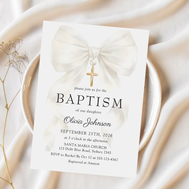 Elegant White Bow Baptism Girl Invitation (Créateur téléchargé)