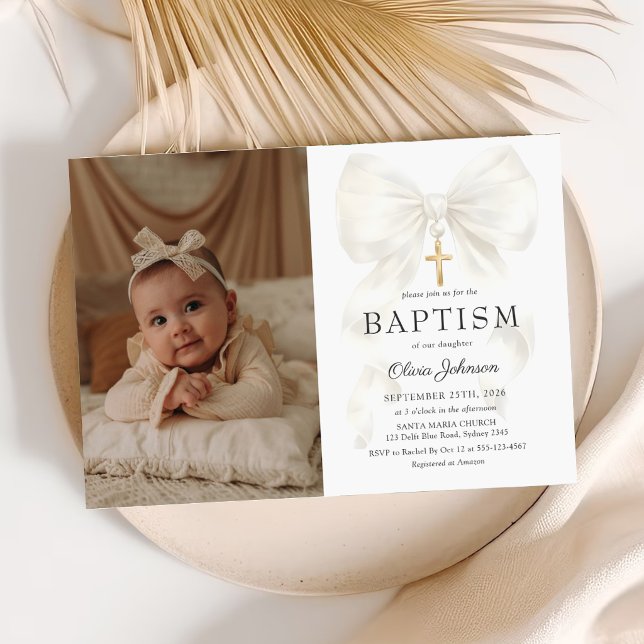 Elegant White Bow Baptism Girl Photo Invitation (Créateur téléchargé)