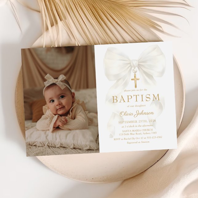 Elegant White Bow Baptism Girl Photo Invitation (Créateur téléchargé)