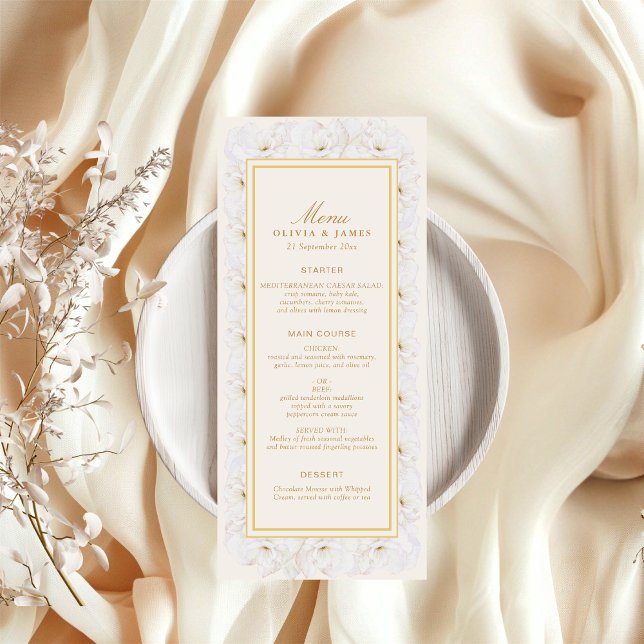 Elegant White Floral Ivory Gold Border Menu (Créateur téléchargé)