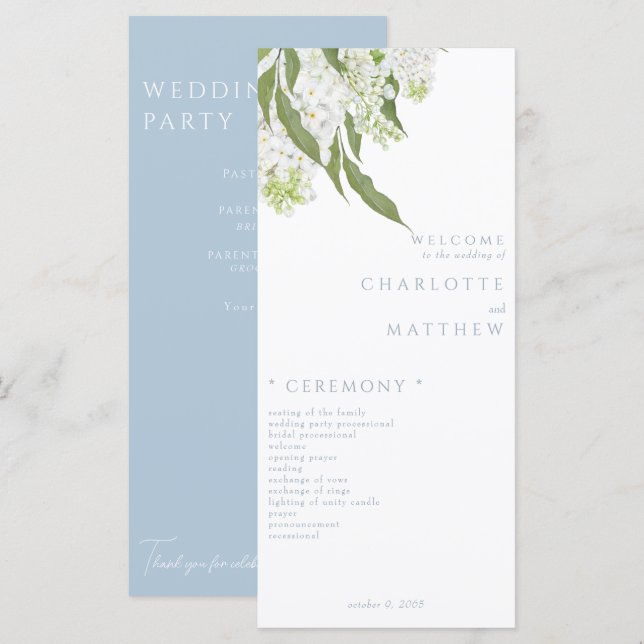Élégant White Floral Sky Blue Wedding Programme (Devant / Derrière)